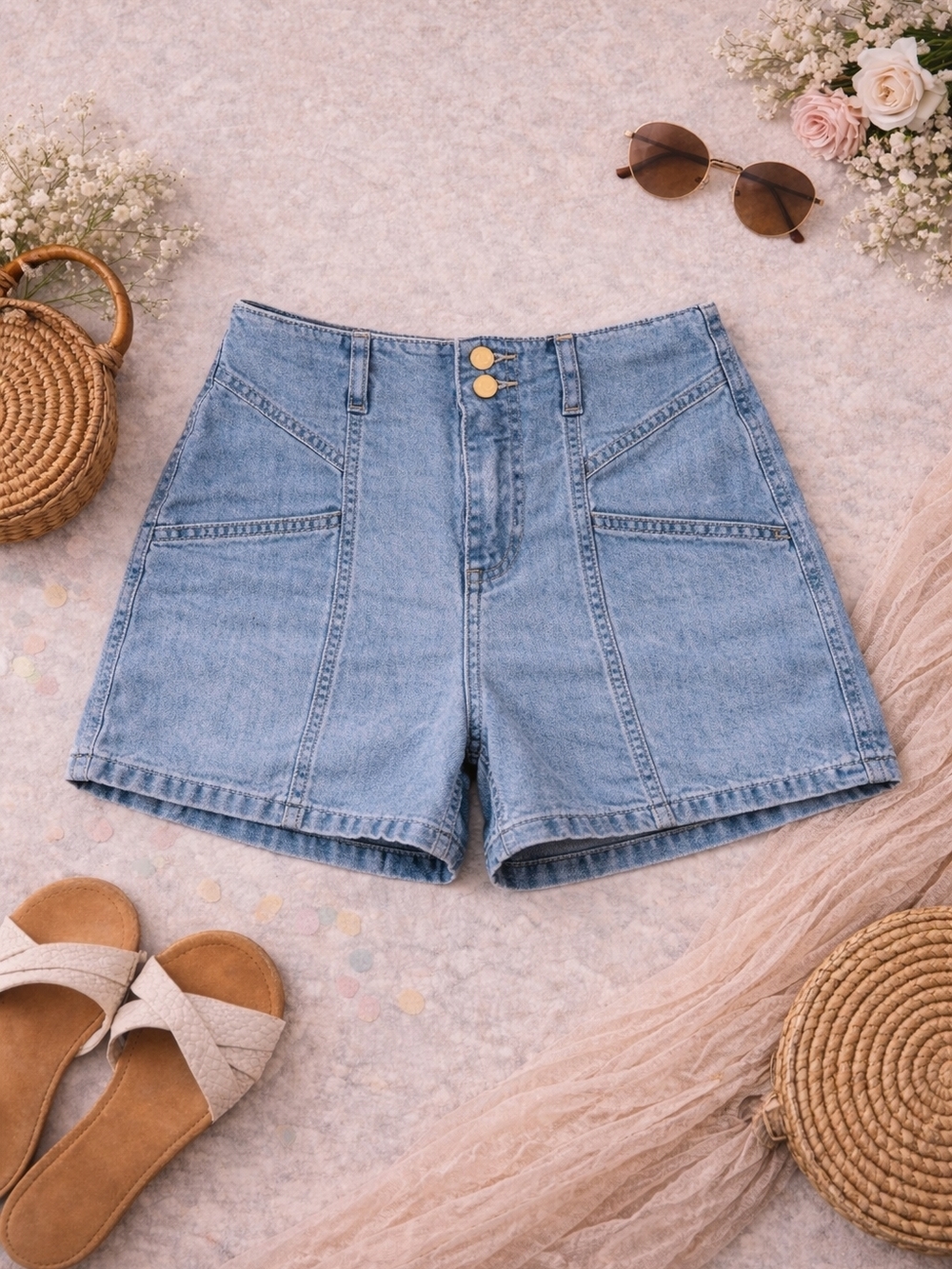 Universal Thread High Rise Denim Shorts Size 14/32 Light Wash Gold Button A-Line